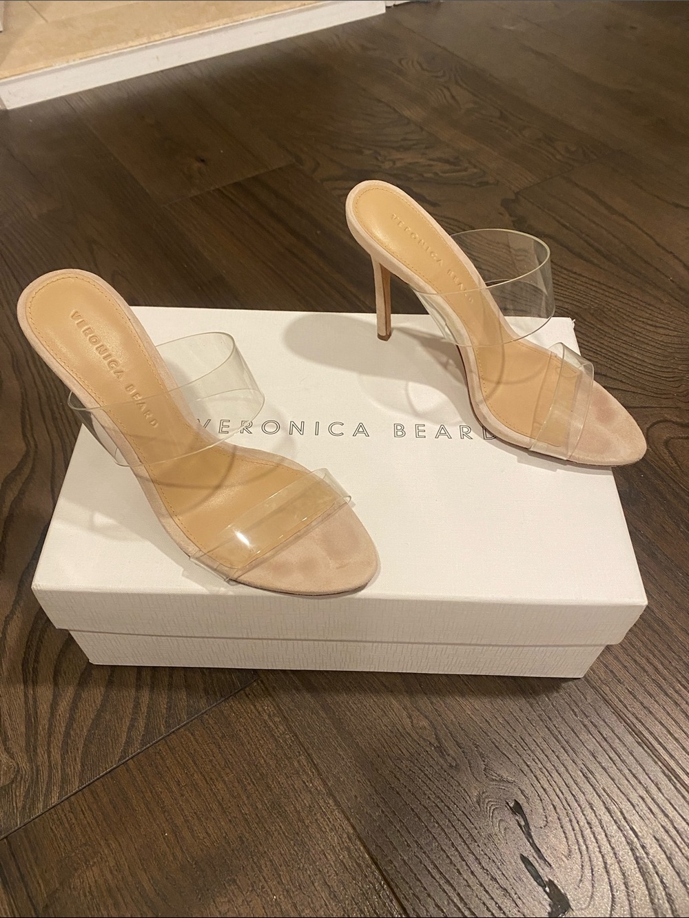 Veronica Beard Nude Clear Strap Stiletto Mules